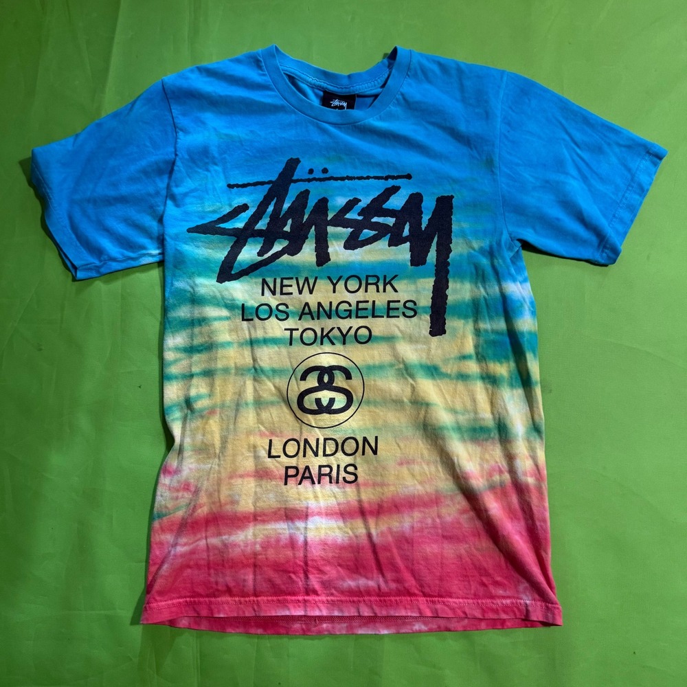 Stussy World Tour Tie Dye Graphic T-Shirt Blue Pink Yellow Mens Small